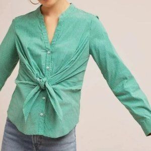 Maeve Button Down Shirt Green Striped Katherine Knotted Blouse- Size 14